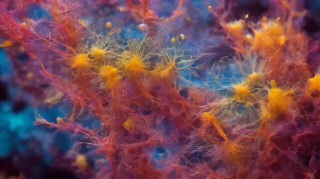 Microscope of mucous mold exploding in natural habitat, transparent filaments, shimmering spores. Microbiology laboratory concepts. Generative AI content