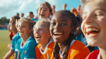 A joyful group of diverse students in sports uniforms share a moment of laughter and camaraderie on a sunny day, the positive energy, friendship that comes with participating in school sports events