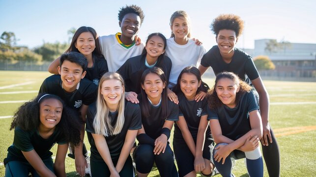 A diverse group of happy middle school students posing together on a sunny sports field, showcasing their camaraderie and team spirit in their sports uniforms.