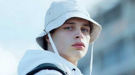 portrait of a person，A young man wearing an all-white bucket hat,