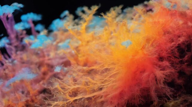 Microscope of mucous mold exploding in natural habitat, transparent filaments, shimmering spores. Microbiology laboratory concepts. Generative AI content