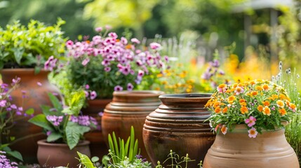 A serene garden scene with handmade pottery planters filled with vibrant flowers and plants