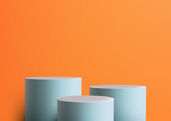 3D Blue Cylinders Stand Podium on Bright Orange Background for Modern Style Product Display