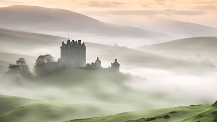 Fototapeta premium Morning Mist in the Scottish Highlands: Rolling hills covered in mist with a lone castle in the distance