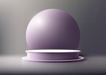 3D White and Purple Podium with Smooth Sphere Backdrop on Gray Background, Modern Style Product Display Mockup for Showroom