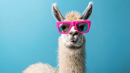 Obraz premium Llama in sunglasses isolated on blue background,Funny llama wearing sunglasses and looking,llama in sunglass shade glasses on solid pastel background commercial editorial advertisement surreal