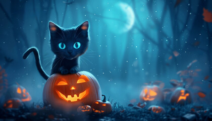 Fototapeta premium Cute Black Cat Sitting on a Jack-o'-Lantern in a Spooky Forest