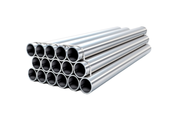 A Stack of Shiny Steel Pipes Under A White Light on a Clear PNG or White Background.