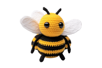 A Hand-Crocheted Bumble Bee Plush Toy With Big Eyes on a Clear PNG or White Background.