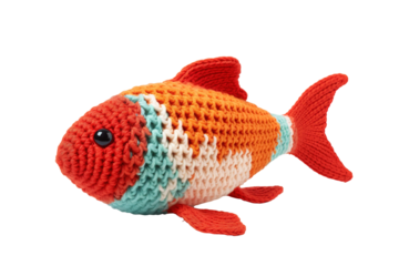 A Hand-Knit Orange and Blue Fish Toy Isolated Against a White Background on a Clear PNG or White Background.