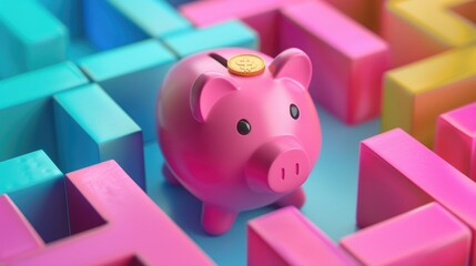 Colorful Maze with Piggy Bank and Gold Coins - Financial Challenge and Reward Concept