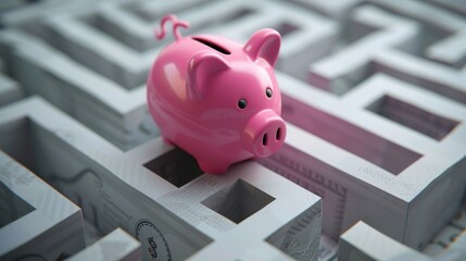 Piggy Bank at Crossroads in Maze Symbolizing Money Management Choices