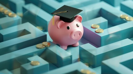 Pink Piggy Bank with Graduation Cap in Maze Surrounded by Diplomas and Gold Coins