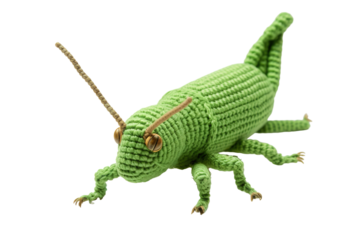 A Handmade Green Grasshopper With Golden Eyes on a Clear PNG or White Background.