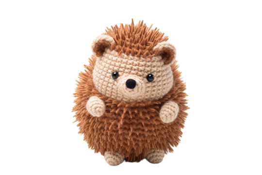A Hand-Knitted Hedgehog Plush Toy Poses for a Portrait on a Clear PNG or White Background.