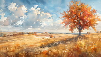 watercolor autumn landscape with golden field and tree, sky with clouds, Generative AI