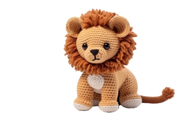 A Handmade Crochet Lion Toy With Soft Fur and Big Eyes on a Clear PNG or White Background.