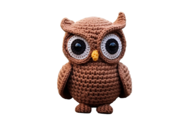 A Hand-Crocheted Brown Owl With Big Eyes Stands Proudly on a Clear PNG or White Background.