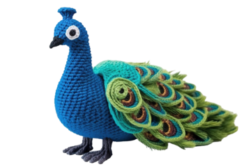 A Hand-Knitted Peacock With Vibrant Colors and Detailed Feathers on a Clear PNG or White Background.