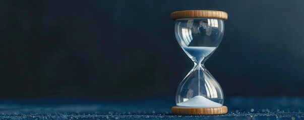 Close-up of a wooden hourglass with white sand, symbolizing the passage of time, set against a dark blue background.
