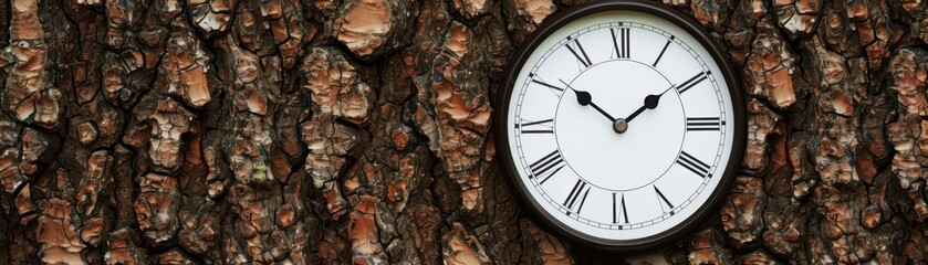 Vintage clock with Roman numerals embedded in rustic tree bark, symbolizing time and nature blending together.