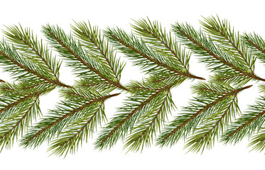 Fototapeta premium Pine tree branches repeating on seamless border isolated on white. Botanical coniferous tree by watercolor hand drawn on endless background. Christmas design for fabric, wallpapers, and package.