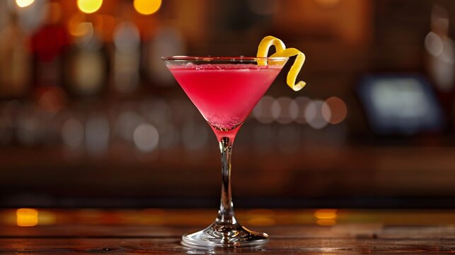 A bright pink cosmopolitan with a twist of lemon peel, served in a chilled martini glass