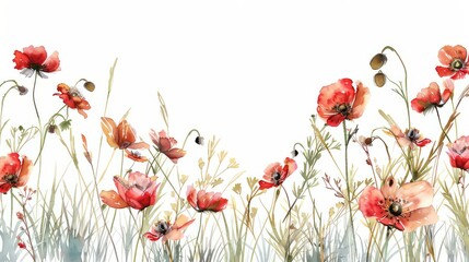 Fototapeta premium Watercolor tall grass and red poppys on a white background