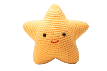 A Cheerful Yellow Knitted Star With a Smiling Face on a Clear PNG or White Background.