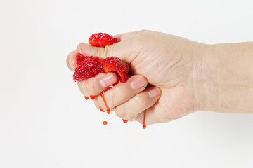 Holding strawberries with one hand on white background