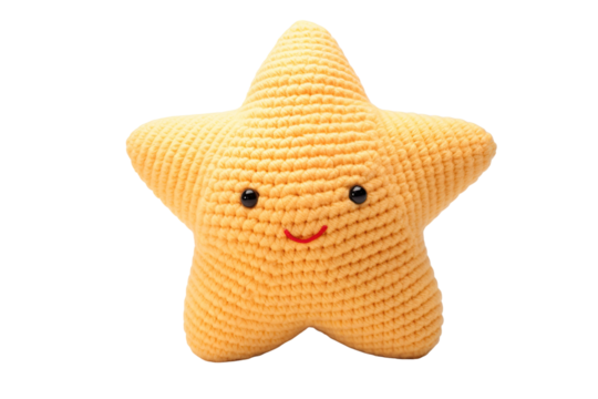 A Cheerful Yellow Knitted Star With a Smiling Face on a Clear PNG or White Background.