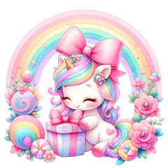 Adorable unicorn illustrations with pastel rainbows, flowers, and hearts, perfect for children’s decor, birthday themes, or magical designs.

