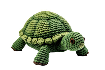 Fototapeta premium A Hand-Knitted Green Turtle Poses For A Close-Up on a Clear PNG or White Background.