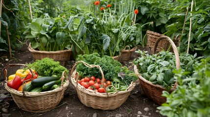 A vibrant garden scene with baskets full of fresh vegetables ready to be preserved