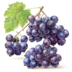 Fototapeta premium Fresh and juicy purple grapes on a branch with green leaves, perfect for healthy eating and culinary uses.