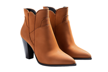 Tan Leather Pointed Toe Boots With Block Heel on a Clear PNG or White Background.
