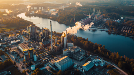 Aerial View of Industrial Factory Complex Next to River at Sunset

