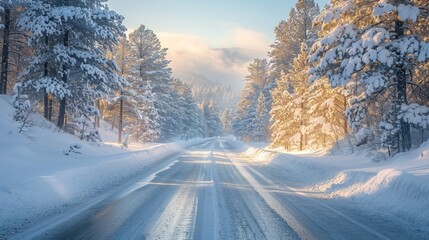 Obraz premium Highway winding through snowy forest with sunlight filtering through snow-covered trees