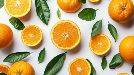 Fresh Sliced orange fruit and green leaf flying in the air isolated on white background,Summer fresh citrus fruits as design element for advertising, card, poster,Flat lay.
