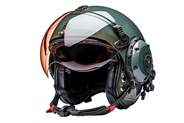 A Modern Pilot's Helmet With A Retro Twist: A Matte Green Shell With Orange Visor And Black Leather Padding on a Clear PNG or White Background.