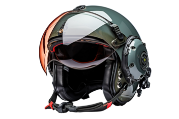 A Modern Pilot's Helmet With A Retro Twist: A Matte Green Shell With Orange Visor And Black Leather Padding on a Clear PNG or White Background.