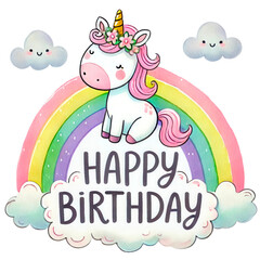 Fototapeta premium Adorable unicorn-themed birthday illustrations featuring rainbows, cakes, gifts, and flowers, perfect for children's party decorations and invitations.