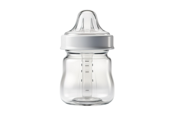 A Clear Glass Baby Bottle With a White Nipple and Measurement Lines on a Clear PNG or White Background.