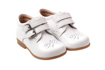 A Pair of White Leather Shoes With Buckles and Perforated Detail for a Tiny Tot on a Clear PNG or White Background.
