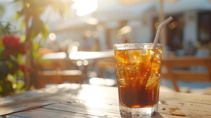 Refreshing Iced Coffee in an Outdoor Setting with Summer Vibes and Metal Straw