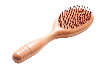 A Wooden Hairbrush With Red Bristles Against a White Background on a Clear PNG or White Background.