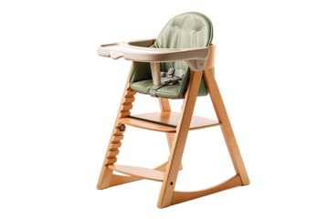 A Wooden Highchair With a Green Padded Seat and a White Tray on a Clear PNG or White Background.