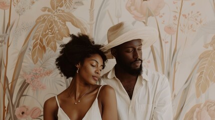 Happy Couple Embracing in Front of Floral Background - Love, Connection, and Intimacy