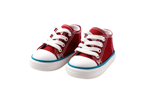 A Pair of Crimson Canvas Sneakers With White Laces and a Blue Trim on a Clear PNG or White Background.