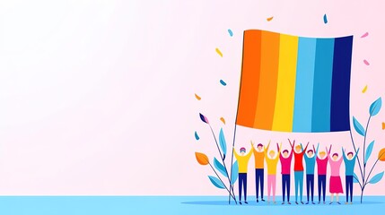 Diverse group of people holding a rainbow flag, symbolizing unity and acceptance.